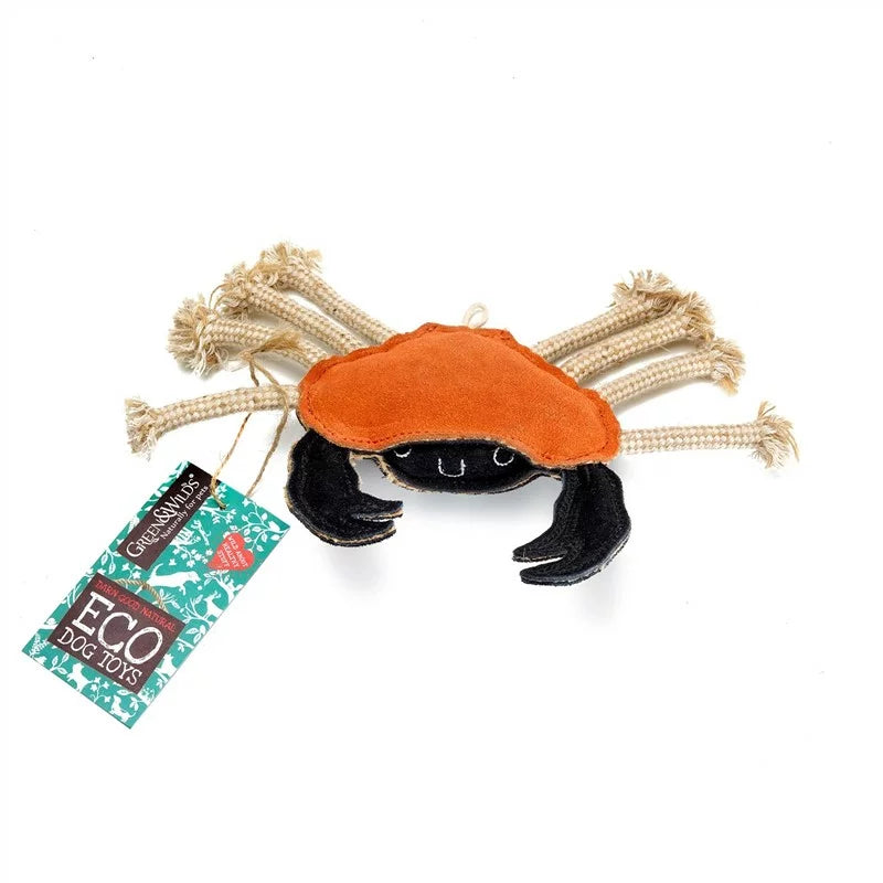 Carlos the Crab eco dog toy – natural jute and suede tug toy for dogs